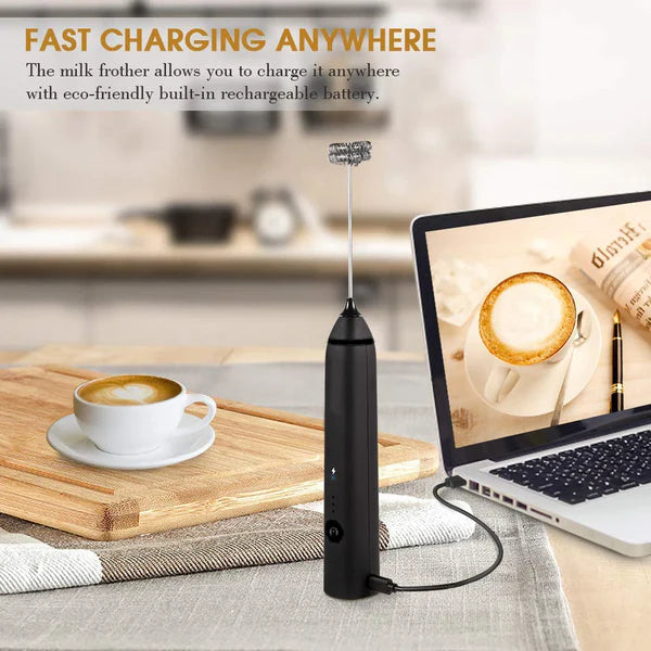 3-Speed USB Rechargeable Milk Frother – Electric Handheld Coffee Mixer with 2 Whisks