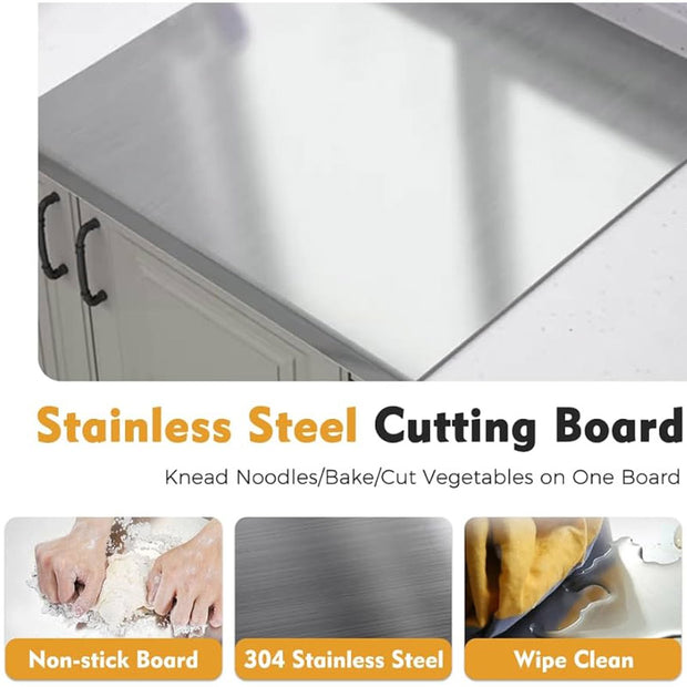 Premium 304 Stainless Steel Cutting Board – Non-Stick, Heavy-Duty, Easy to Clean – Ideal for Baking, Kneading, and Vegetable Prep